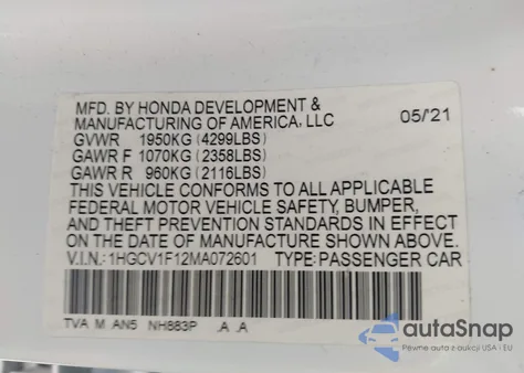 2021 Honda Accord Lx from USA, damaged, VIN 1HGCV1F12MA072601